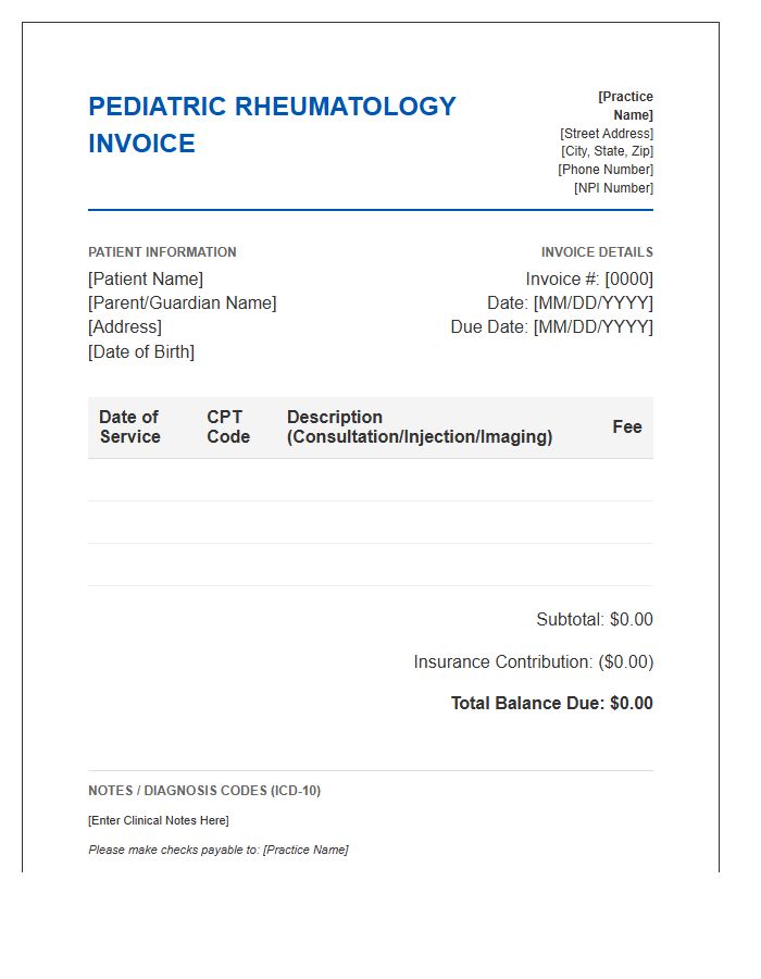 Pediatric Rheumatology Specialist Invoice Template