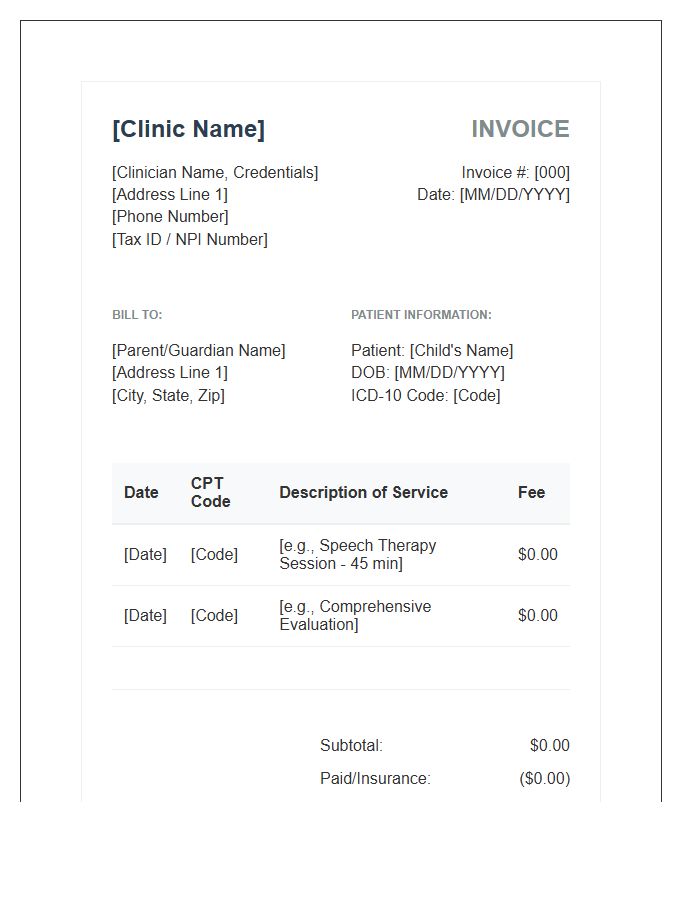 Pediatric Speech Pathology Invoice Template