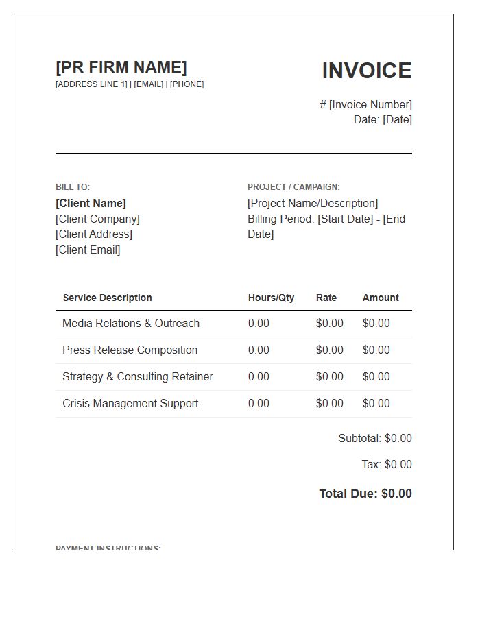 Public Relations Consulting Invoice Template