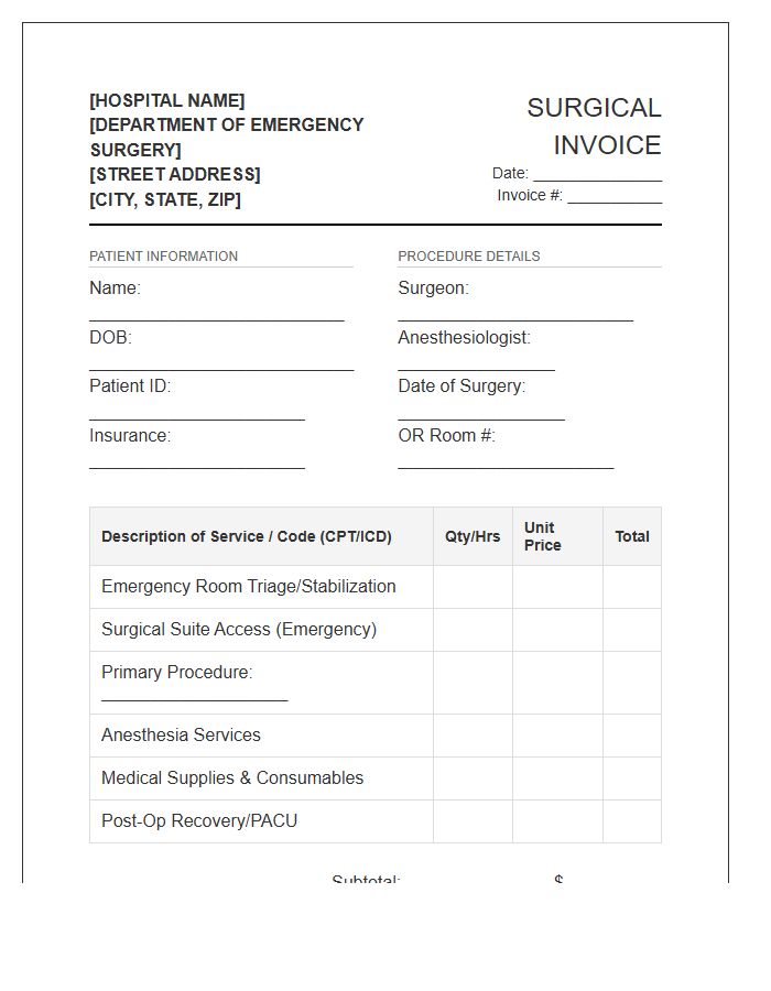 Emergency Surgical Procedure Invoice Template