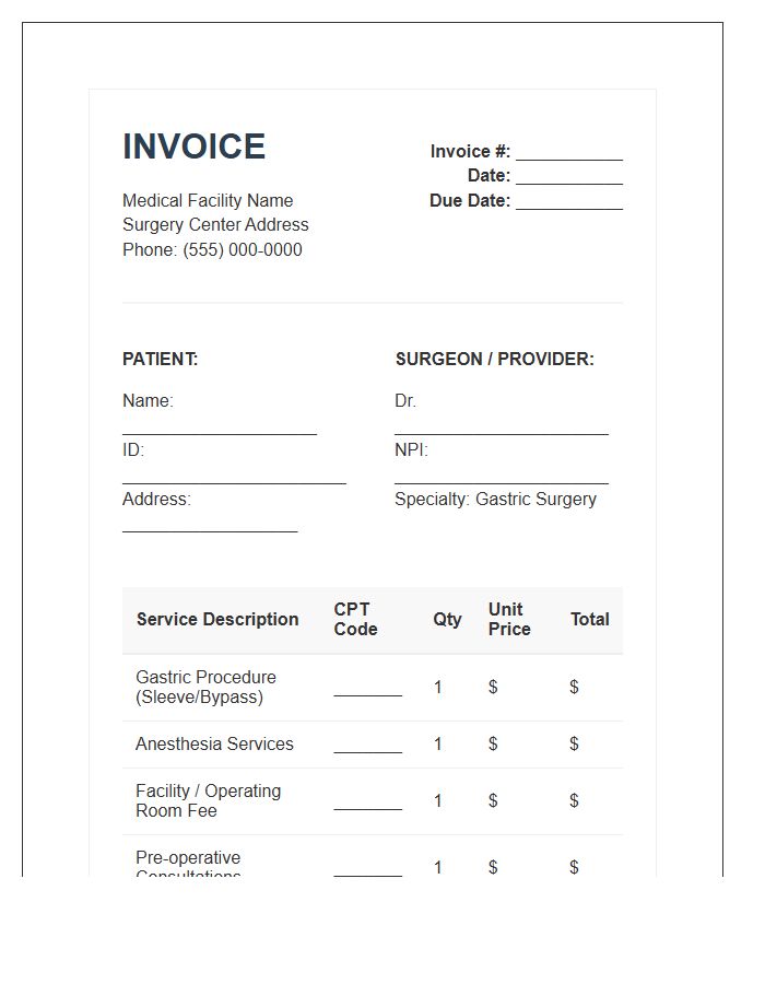 Gastric Surgery Patient Invoice Template