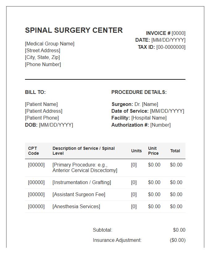 Spinal Surgical Procedure Invoice Template