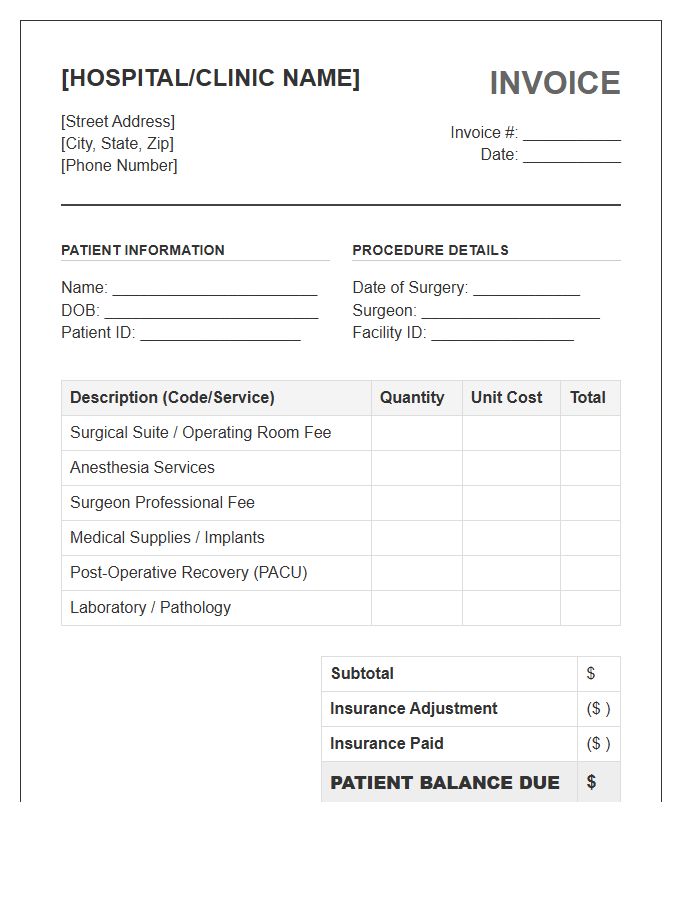Surgical Procedure Patient Billing Invoice Template