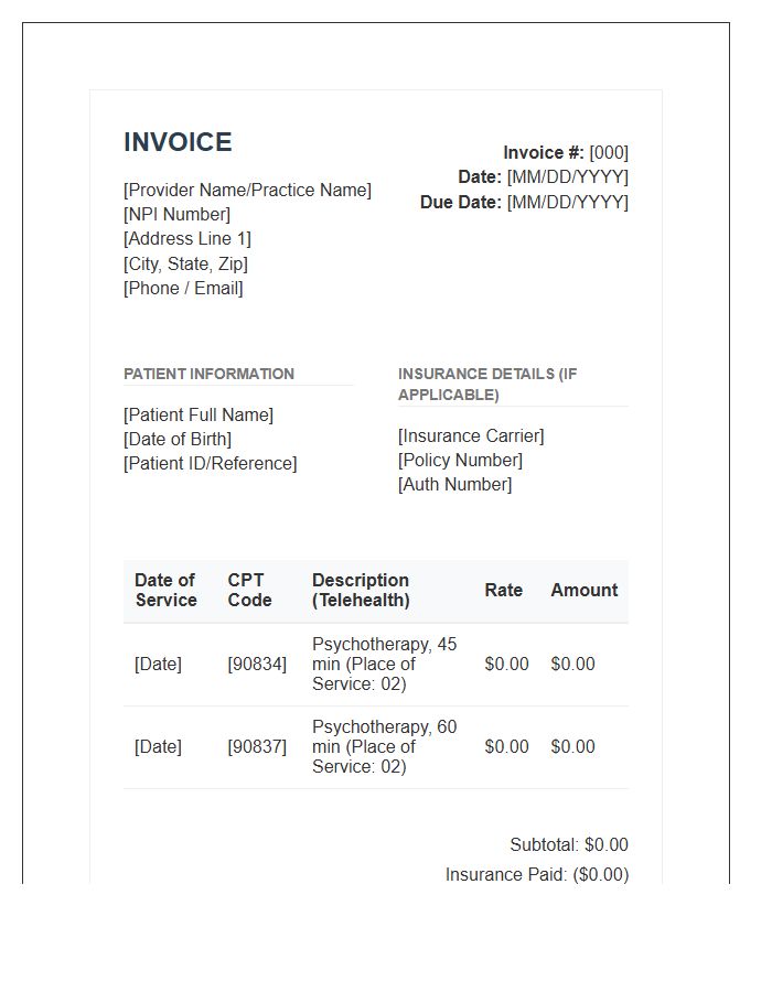 Behavioral Health Telehealth Invoice Template