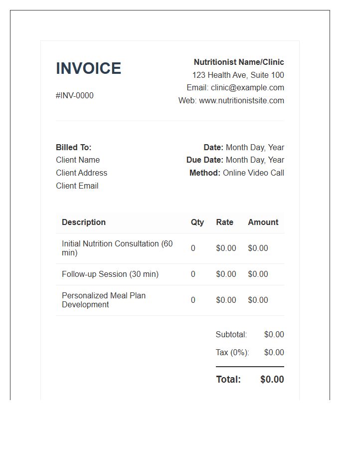 Nutritionist Online Consultation Invoice Template