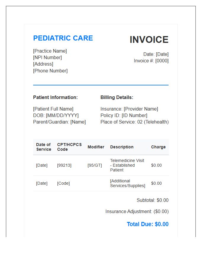 Pediatric Telehealth Billing Invoice Template
