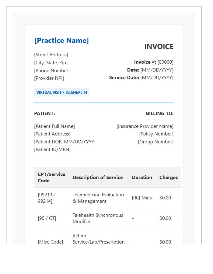 Professional Virtual Medical Visit Invoice Template