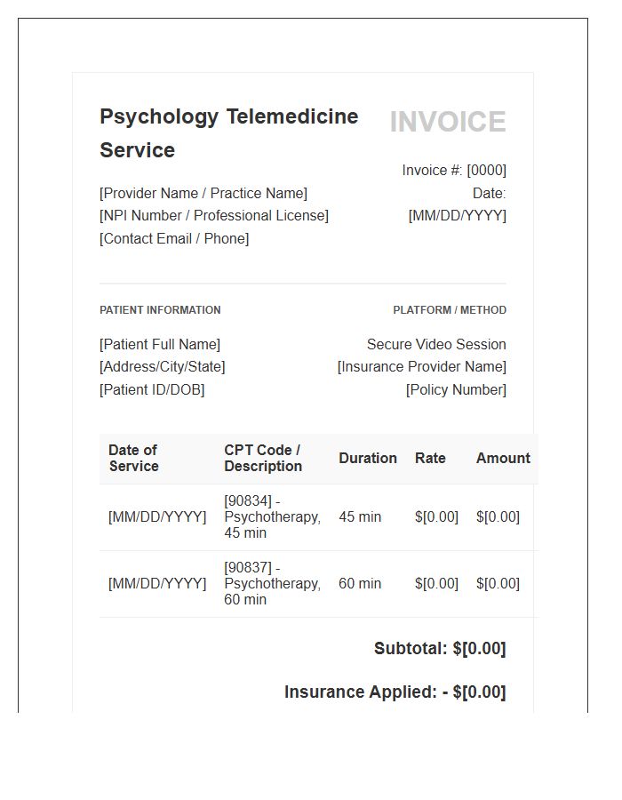 Psychology Telemedicine Service Invoice Template