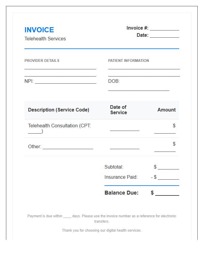 Telehealth Consultation Payment Invoice Template