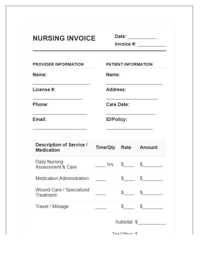 Daily Home Healthcare Nursing Invoice Template