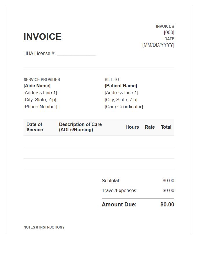Home Health Aide Nursing Invoice Template