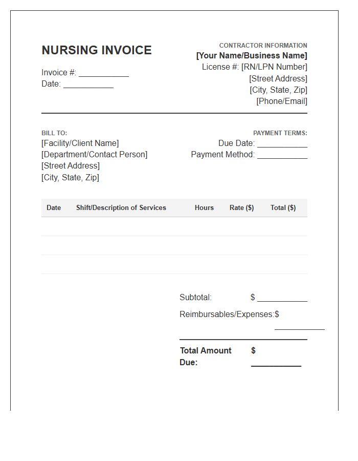 Independent Contractor Nursing Invoice Template