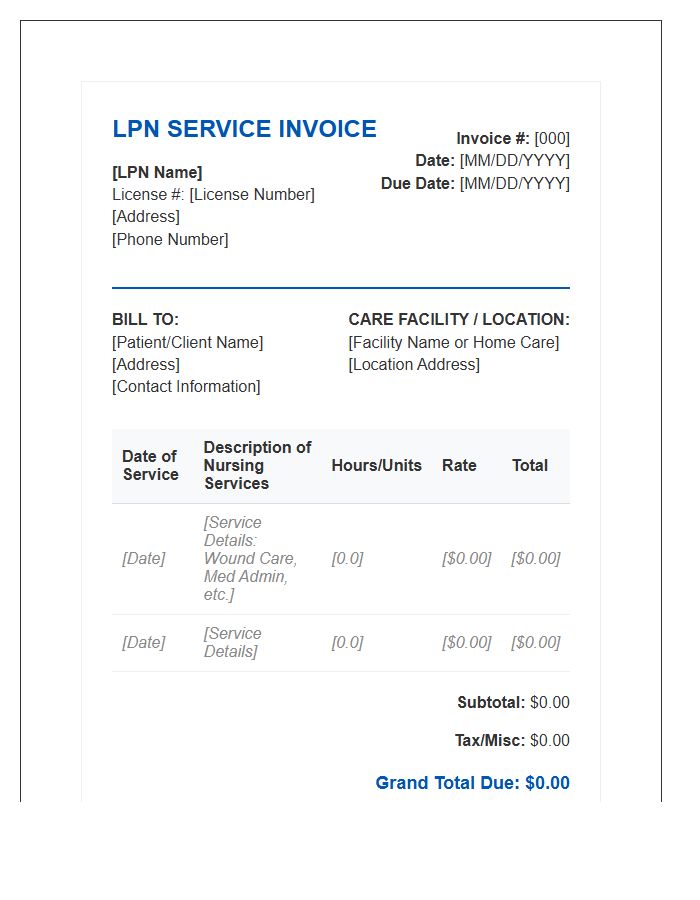 Licensed Practical Nurse Service Invoice Template