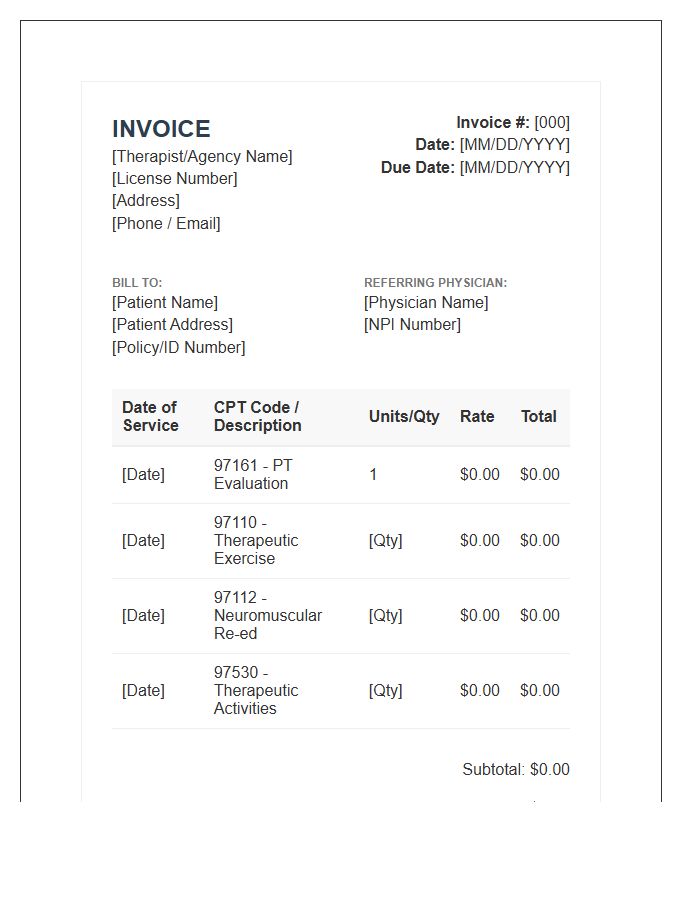 Home Health Physical Therapy Invoice Template