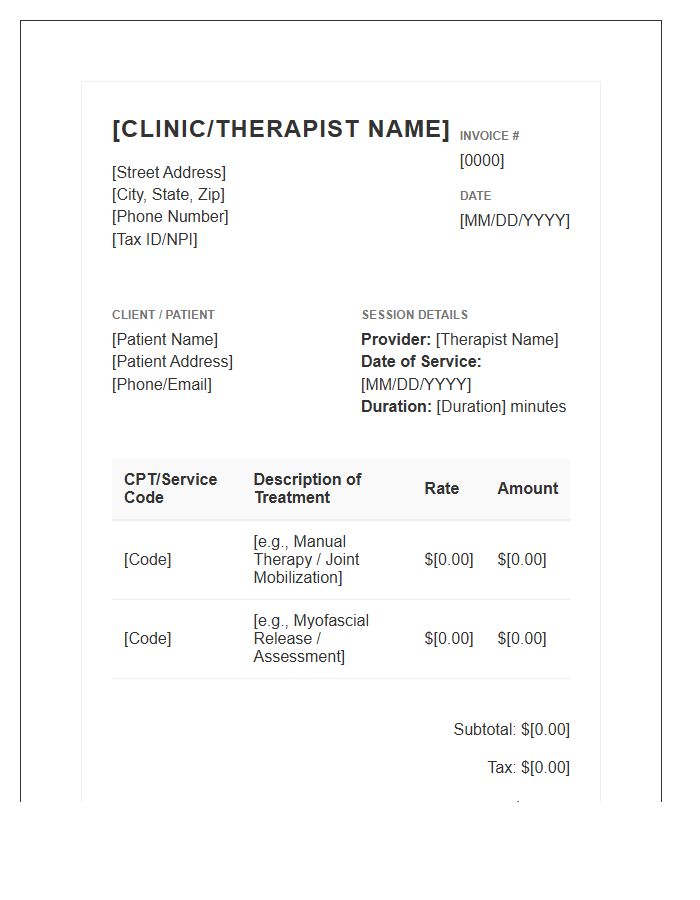 Manual Therapy Treatment Session Invoice Template