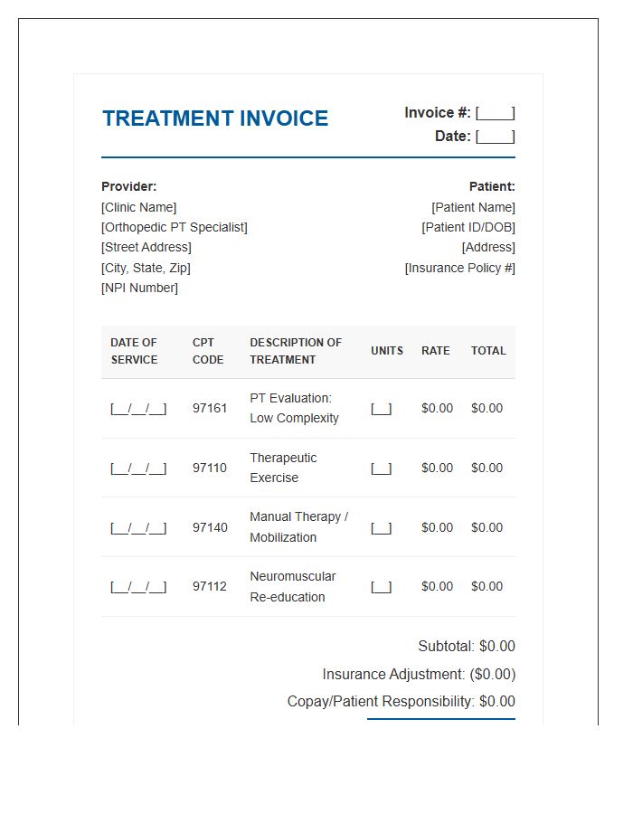 Orthopedic Physical Therapy Treatment Invoice Template