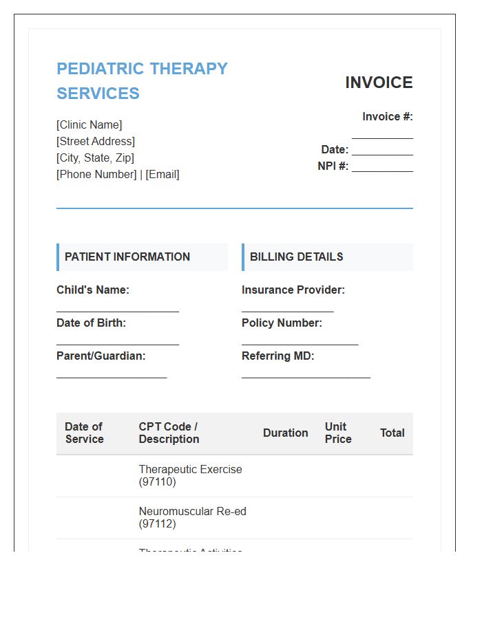 Pediatric Physical Therapy Treatment Invoice Template
