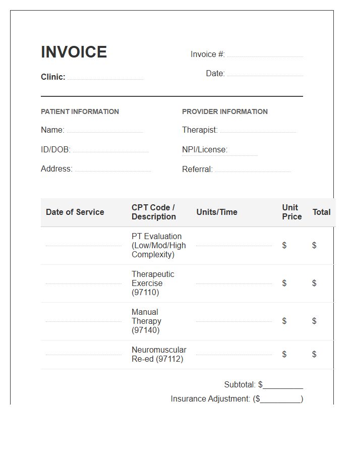 Physical Therapy Evaluation And Treatment Invoice Template