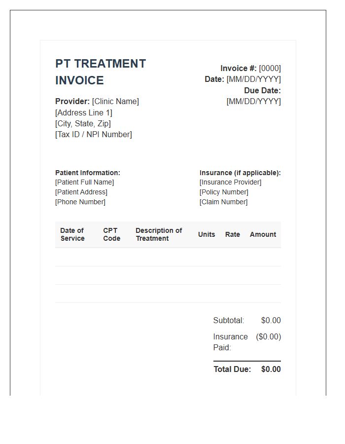 Physical Therapy Treatment Billing Invoice Template
