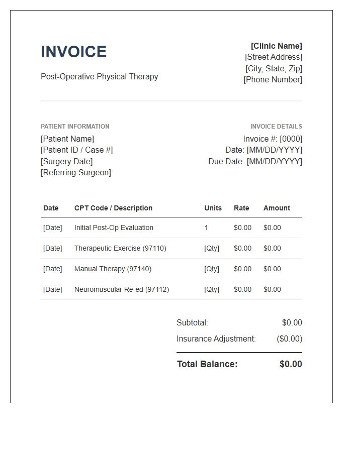 Post Operative Physical Therapy Invoice Template
