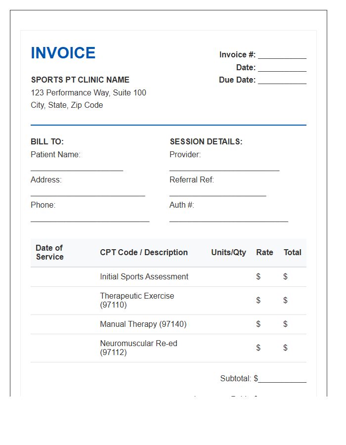 Sports Physical Therapy Session Invoice Template