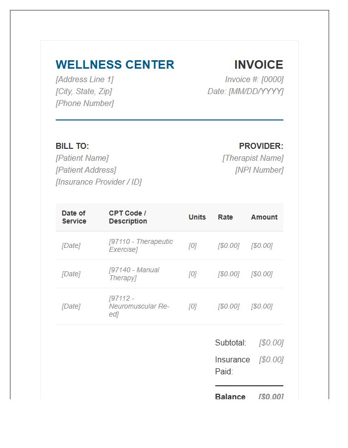 Wellness Center Physical Therapy Invoice Template