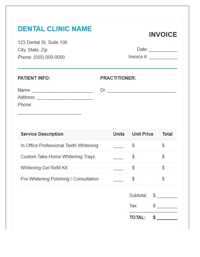 Dental Clinic Teeth Whitening Service Invoice Template