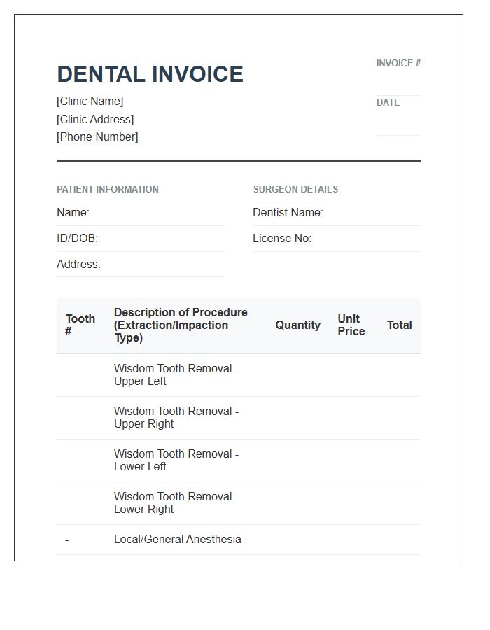 Dental Clinic Wisdom Tooth Removal Invoice Template