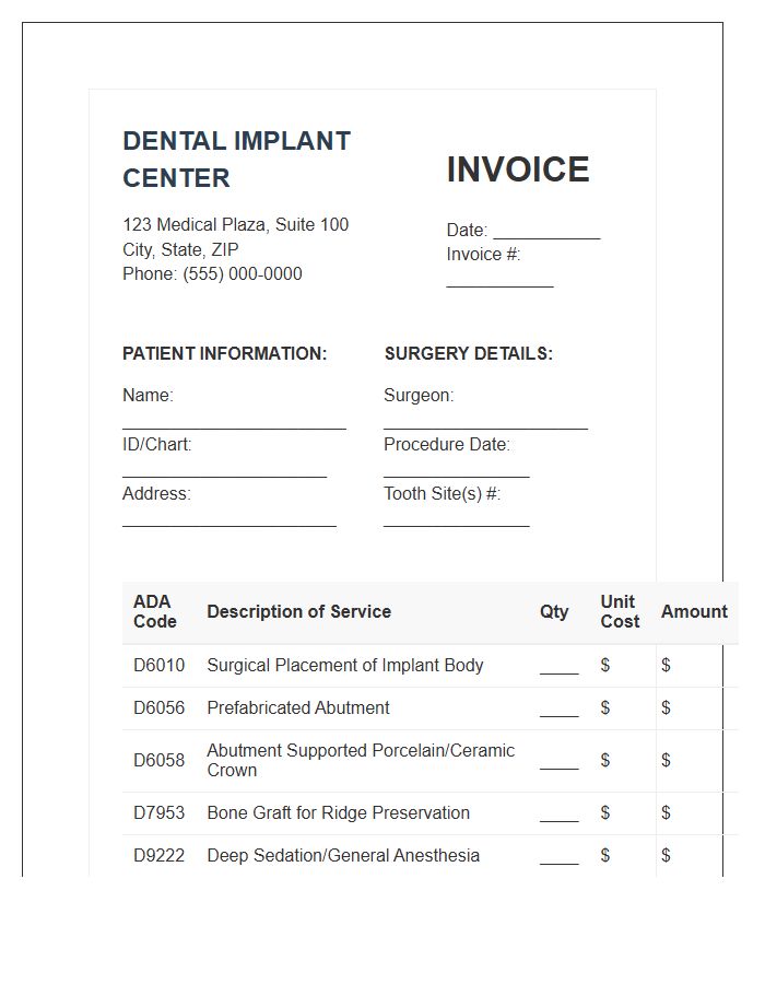 Dental Implant Surgery Procedure Invoice Template