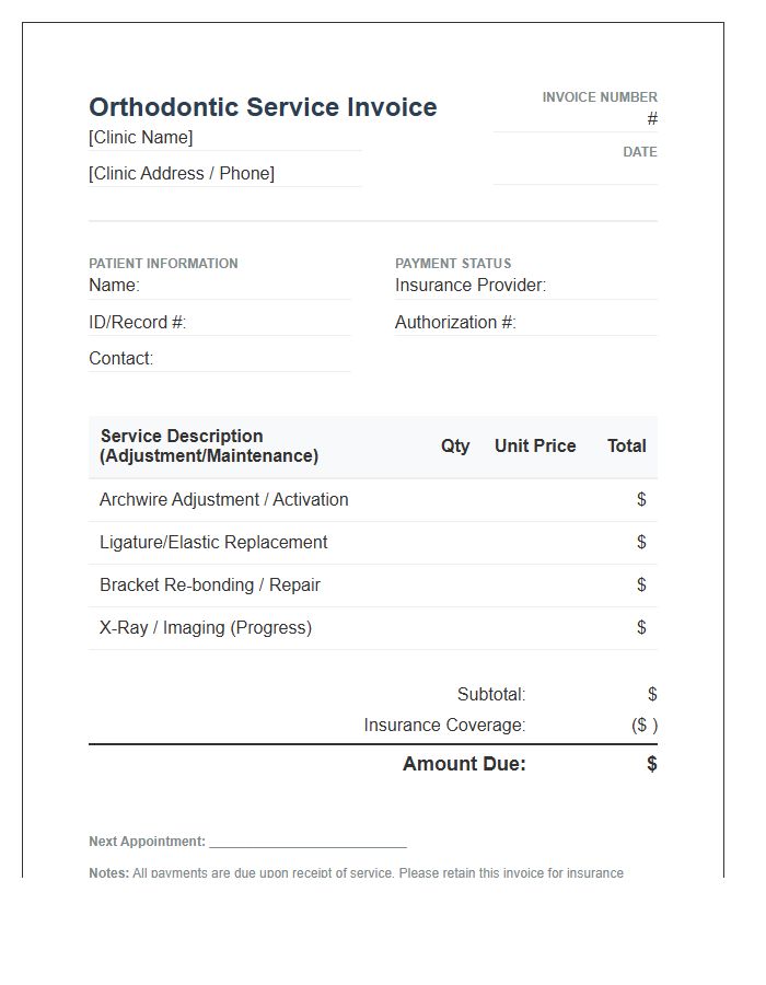 Orthodontic Braces Adjustment Service Invoice Template