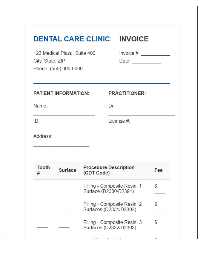 Professional Dental Filling Procedure Invoice Template