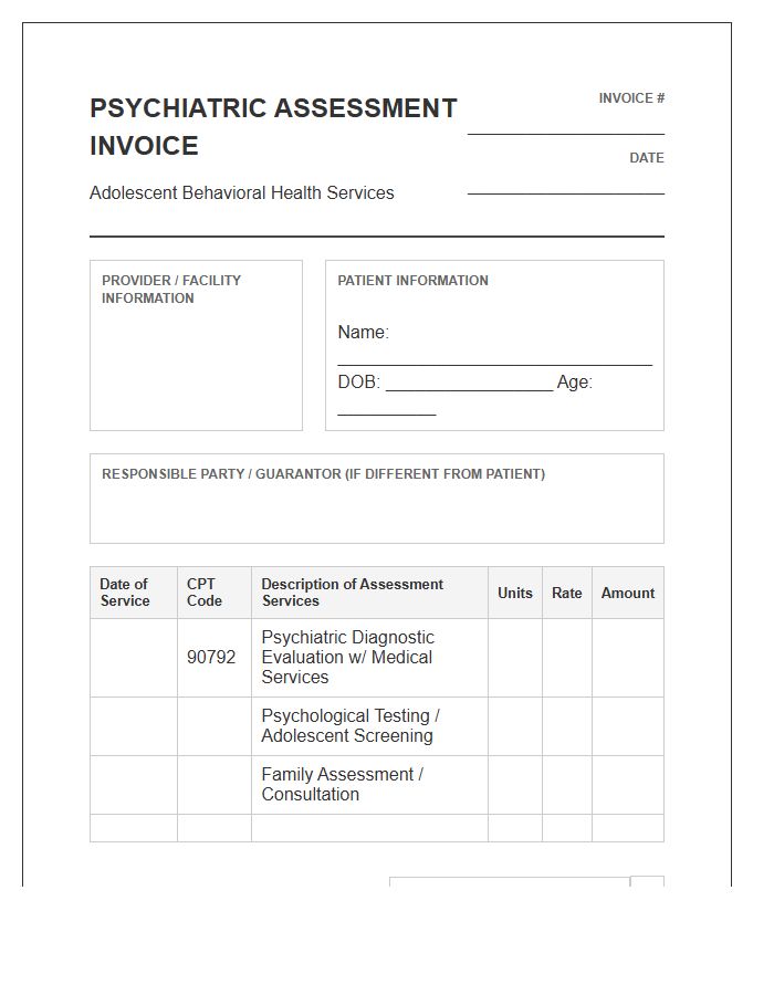 Adolescent Psychiatric Assessment Billing Invoice Template
