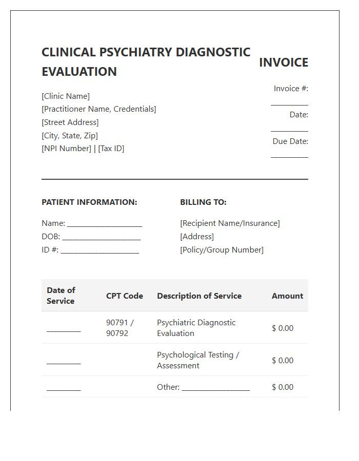 Clinical Psychiatry Diagnostic Evaluation Invoice Template