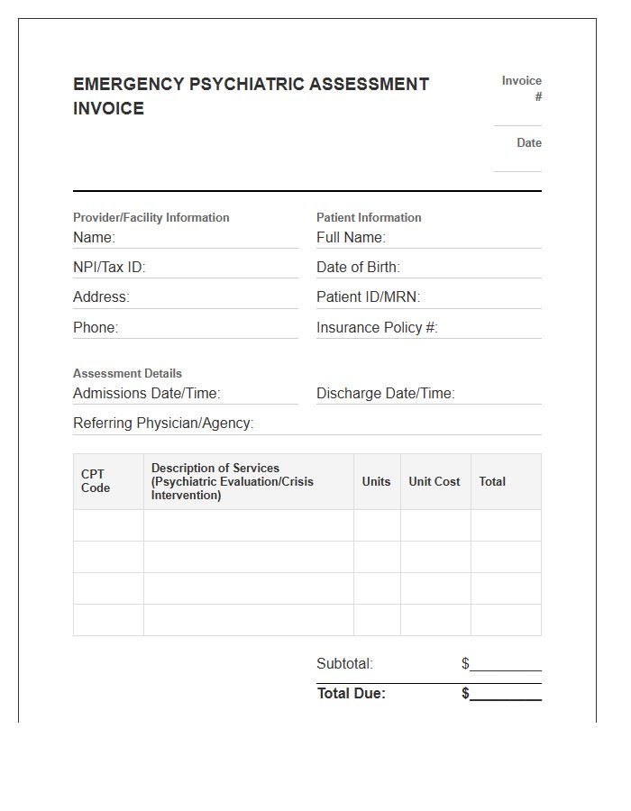 Emergency Psychiatric Assessment Medical Invoice Template