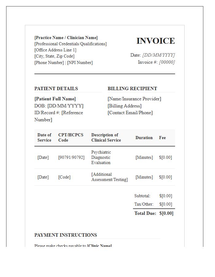 Formal Psychiatric Clinical Assessment Invoice Template