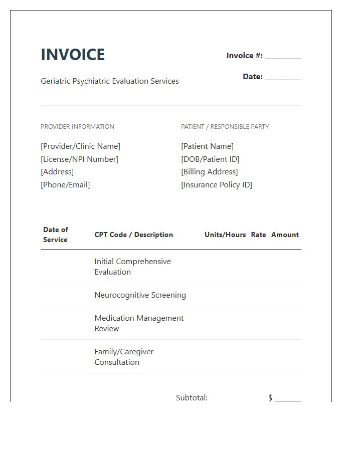 Geriatric Psychiatric Evaluation Service Invoice Template