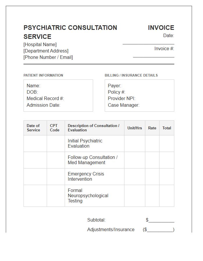Hospital Psychiatric Consultation Service Invoice Template
