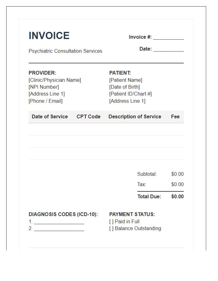 Outpatient Psychiatric Consultation Medical Invoice Template