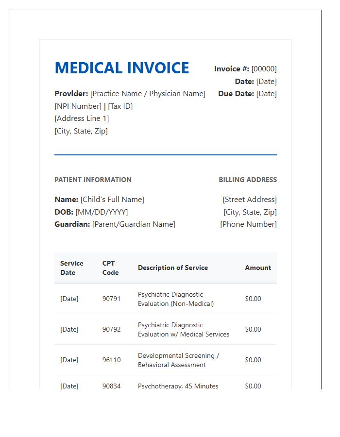 Pediatric Psychiatric Evaluation Medical Invoice Template
