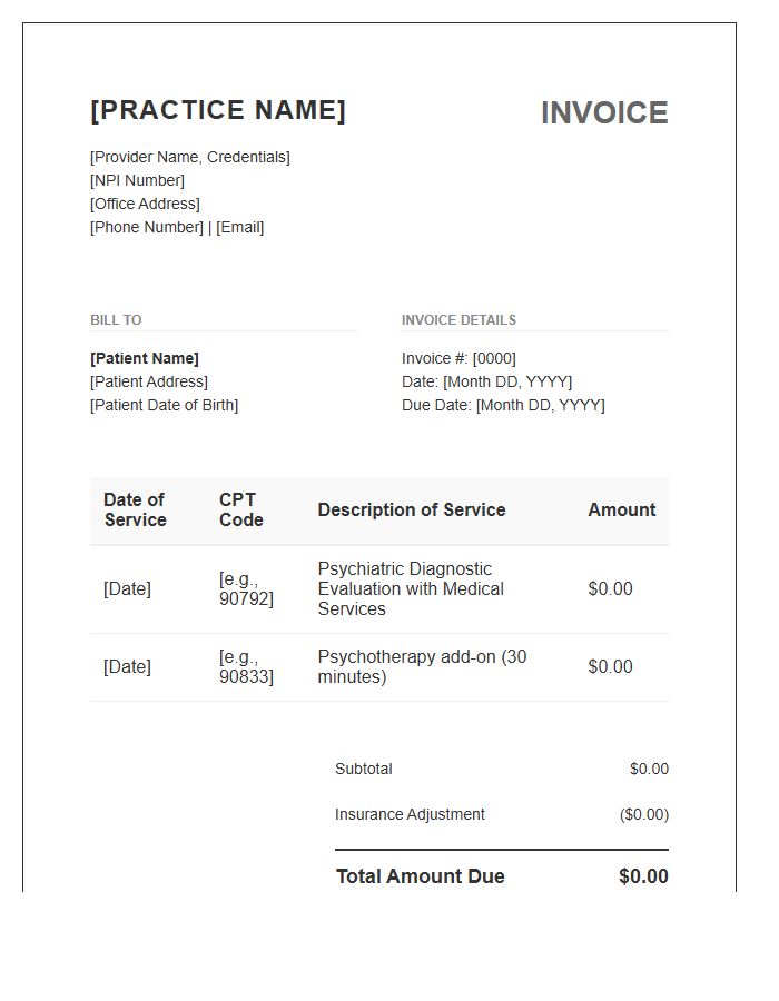 Private Practice Psychiatric Evaluation Invoice Template