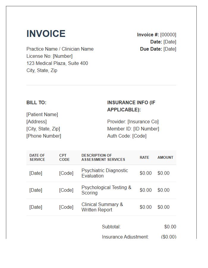 Professional Psychiatric Assessment Service Invoice Template