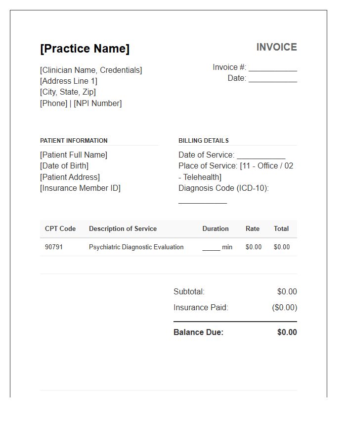 Psychiatric Evaluation Medical Billing Invoice Template