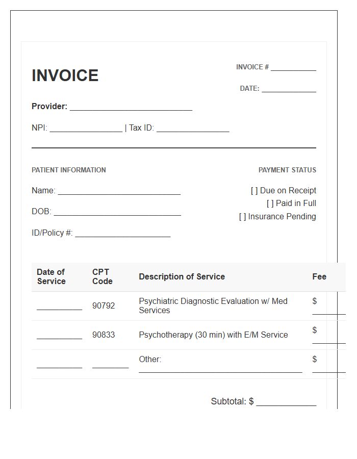 Psychiatric Mental Health Evaluation Invoice Template
