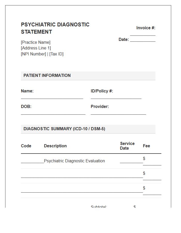 Standard Psychiatric Diagnostic Statement Invoice Template
