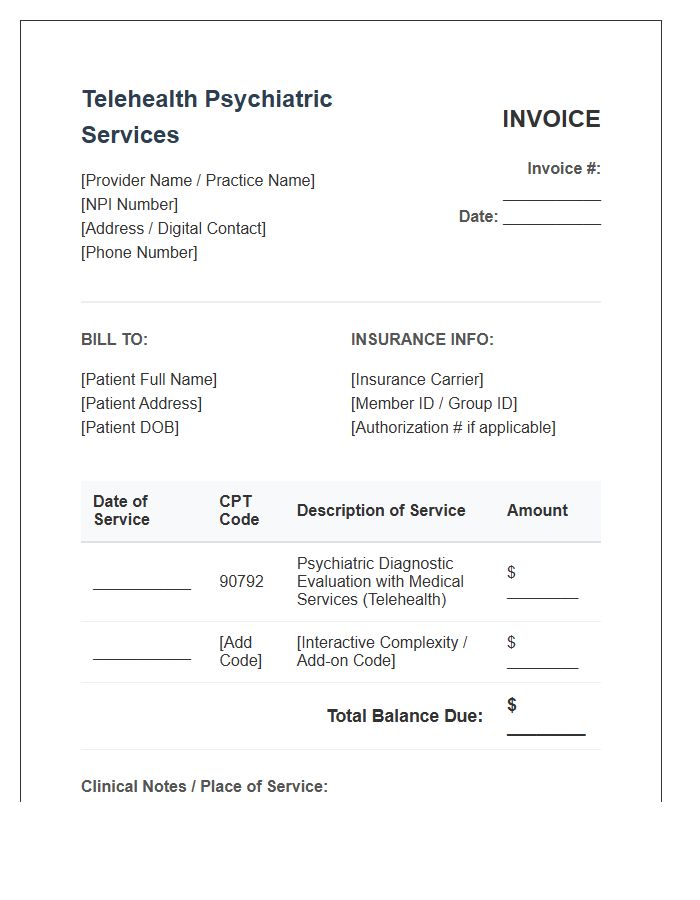Telehealth Psychiatric Evaluation Billing Invoice Template