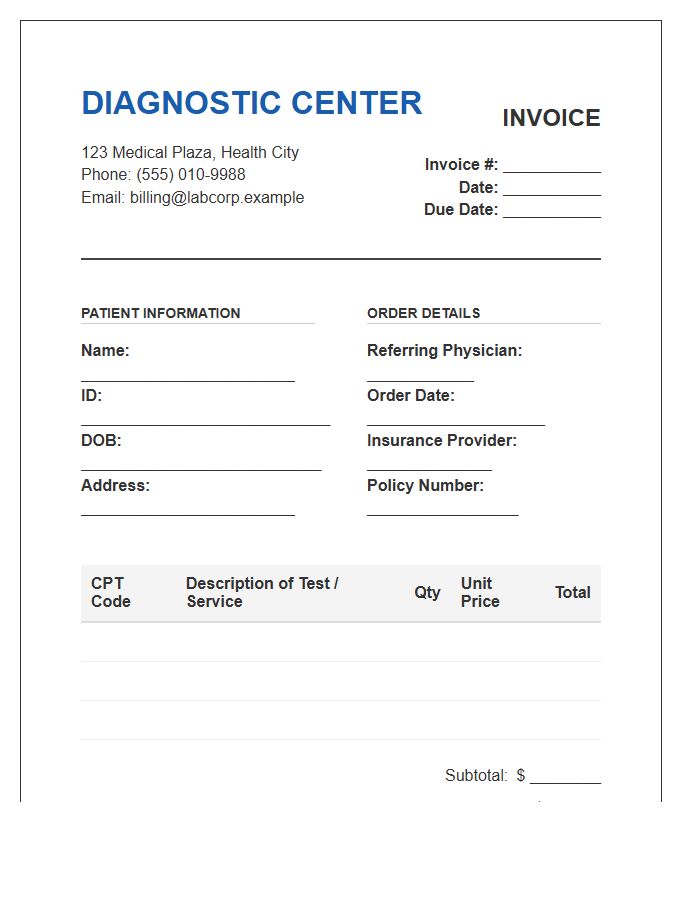 Medical Diagnostic Test Billing Invoice Template