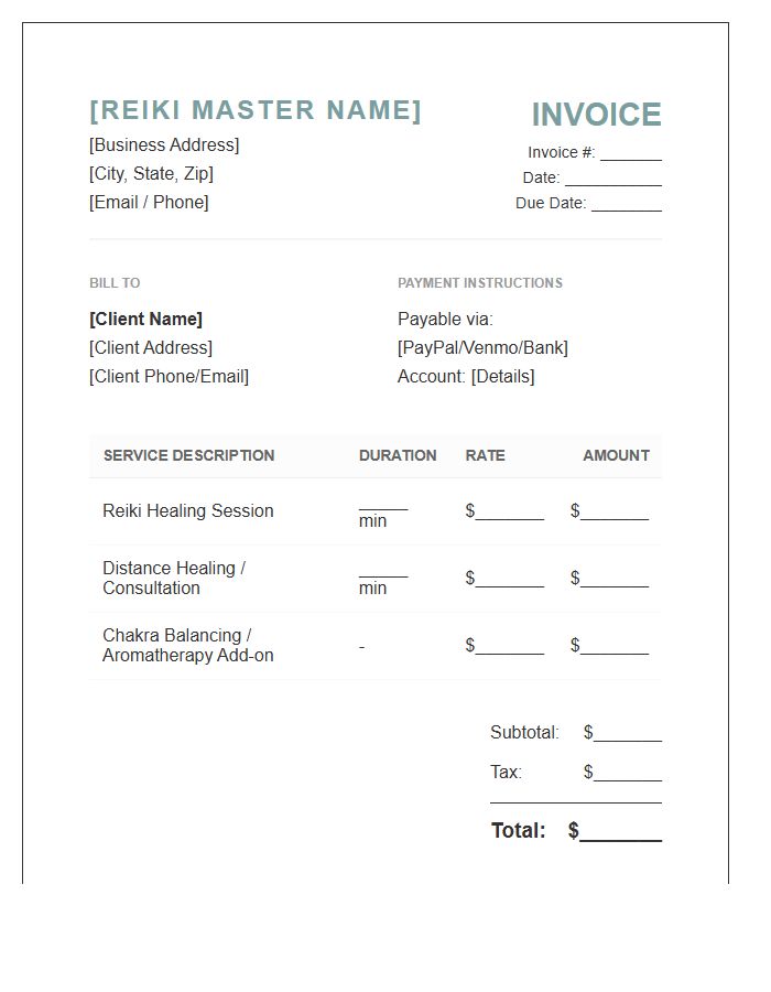 Reiki Master Service Invoice Template