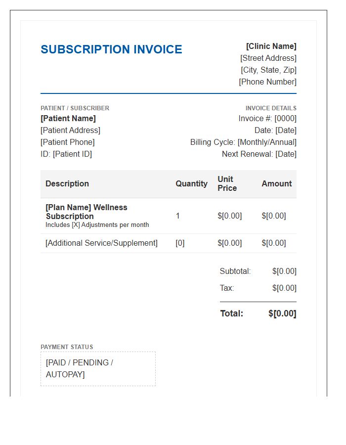 Chiropractic Wellness Plan Subscription Invoice Template