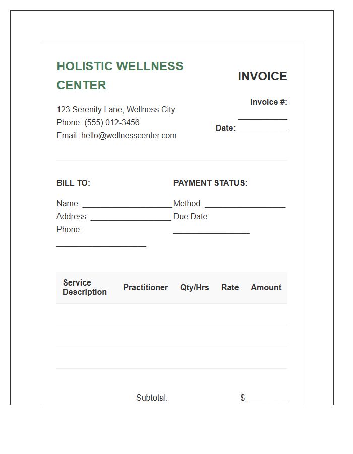 Holistic Wellness Center Service Invoice Template