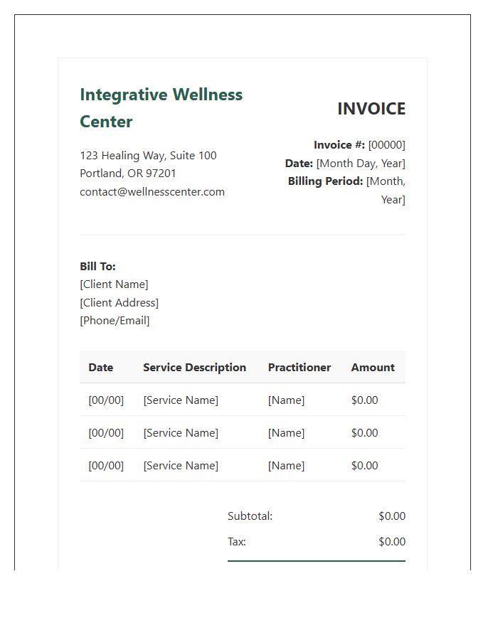 Integrative Wellness Center Monthly Invoice Template